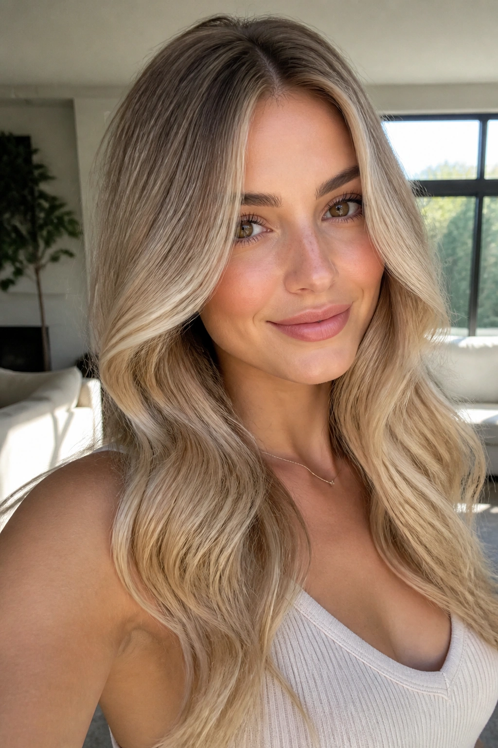 Close-up of a real woman with champagne beige blonde and soft root shadow