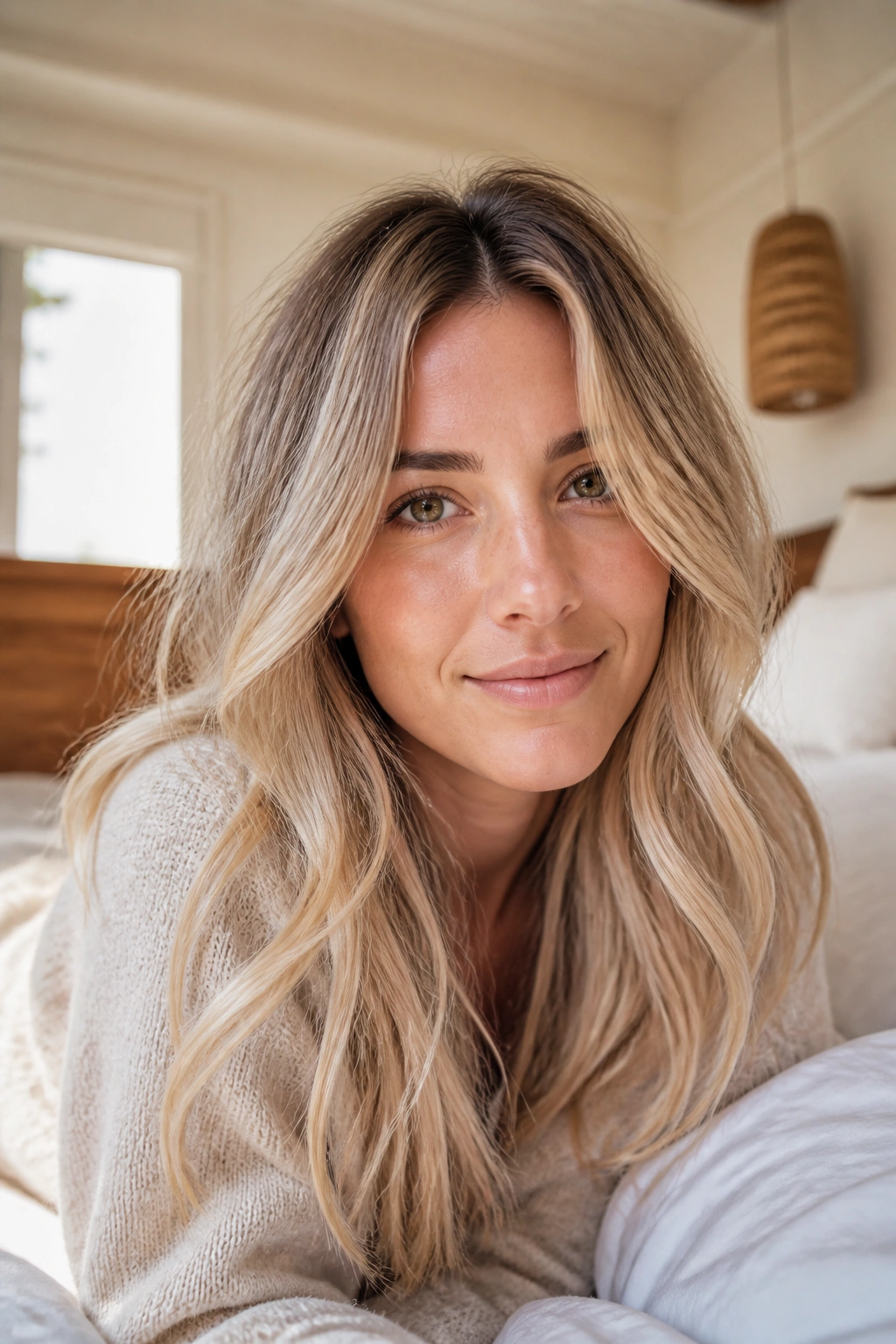 Close-up portrait of a real woman with champagne beige dirty blonde hair and soft roots