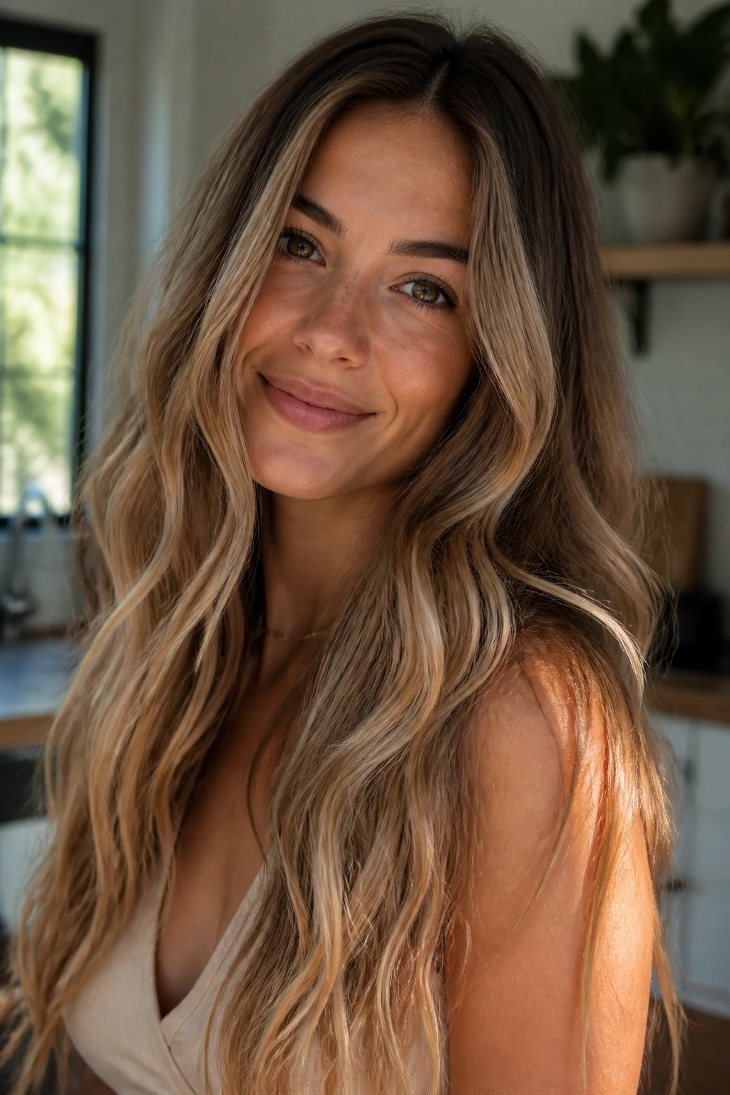 Close-up of a woman with champagne beige highlights on long hair