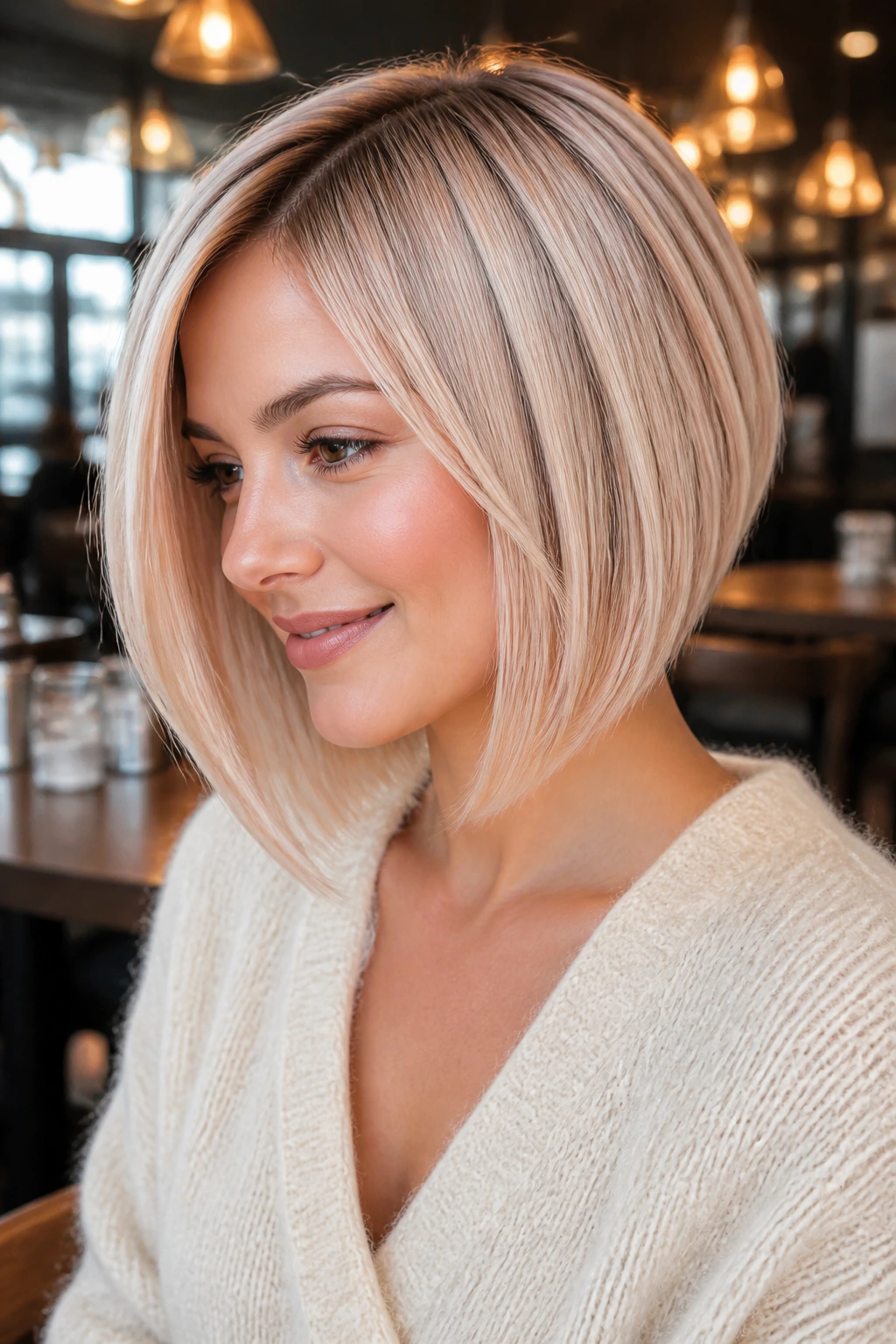 Real woman with champagne blonde angled bob in cafe setting