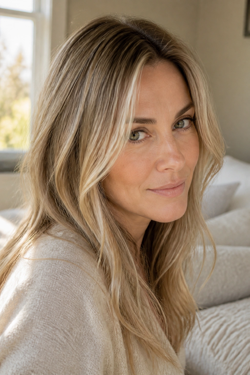 Close-up portrait of a real woman with champagne blonde babylights highlighting the crown