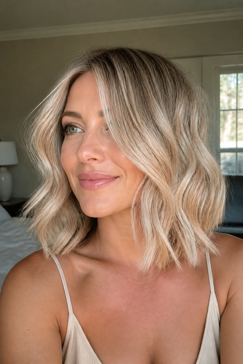 Close-up portrait of a real woman with champagne blonde collarbone-length lob and soft waves