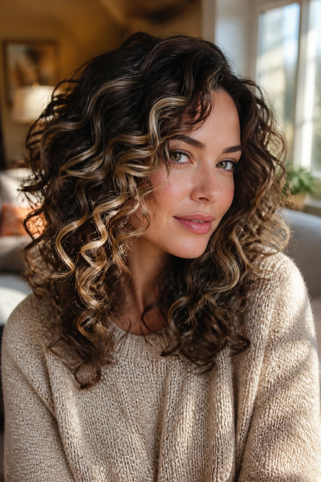 Close-up of a person with dark chocolate curls and champagne blonde ribbons framing the face