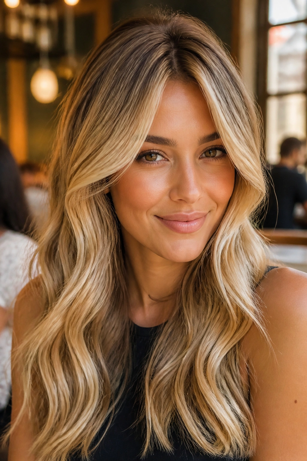 Close-up portrait of a woman with champagne blonde framing the face