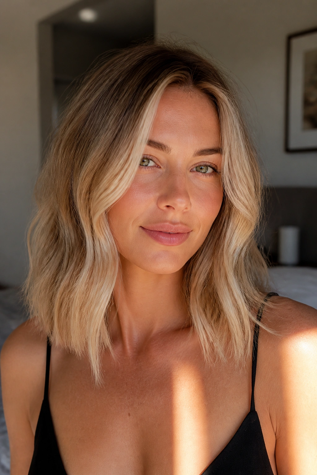 Close-up of a real woman with champagne blonde hair and face-framing pieces