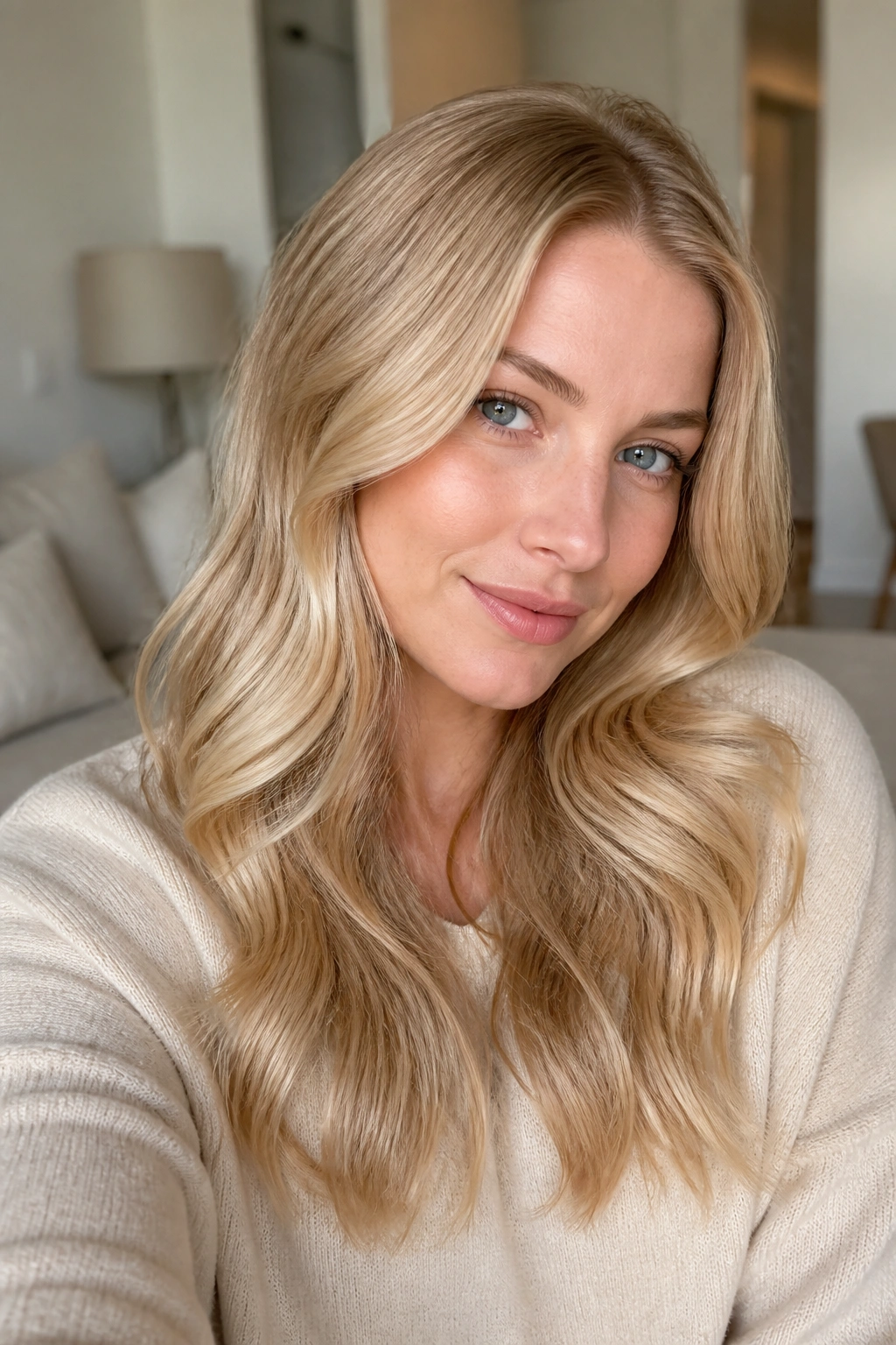 Close-up portrait of a real woman with champagne blonde hair and fair skin in a sunlit living room.