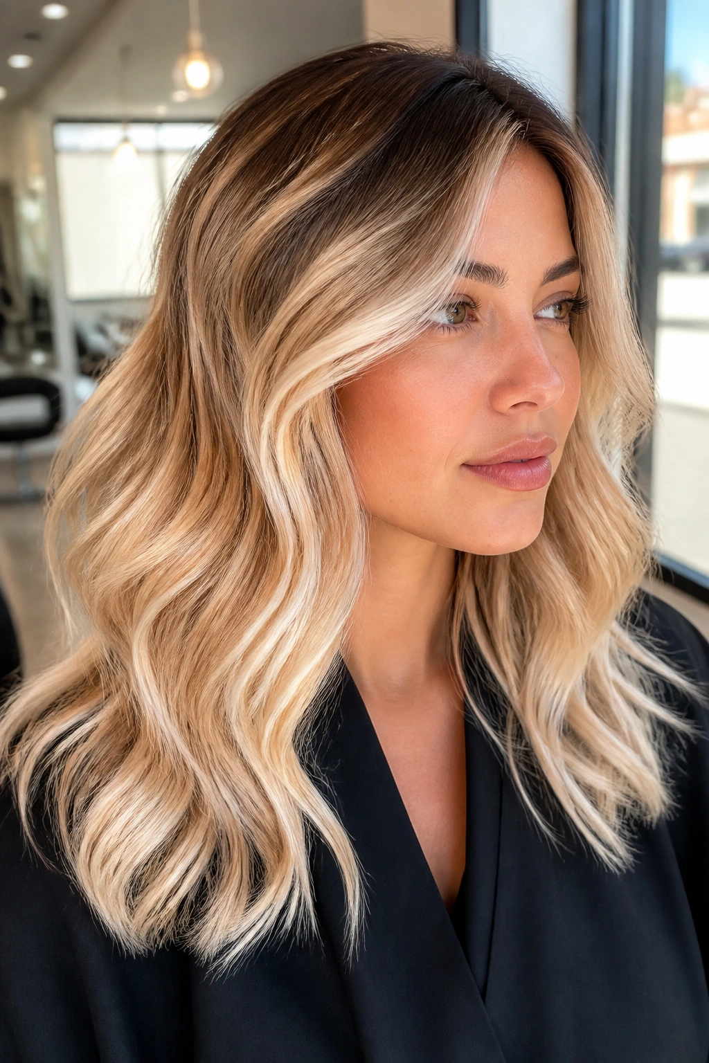 Close-up of a real woman's champagne blonde foilayage on waves with soft, blended tones