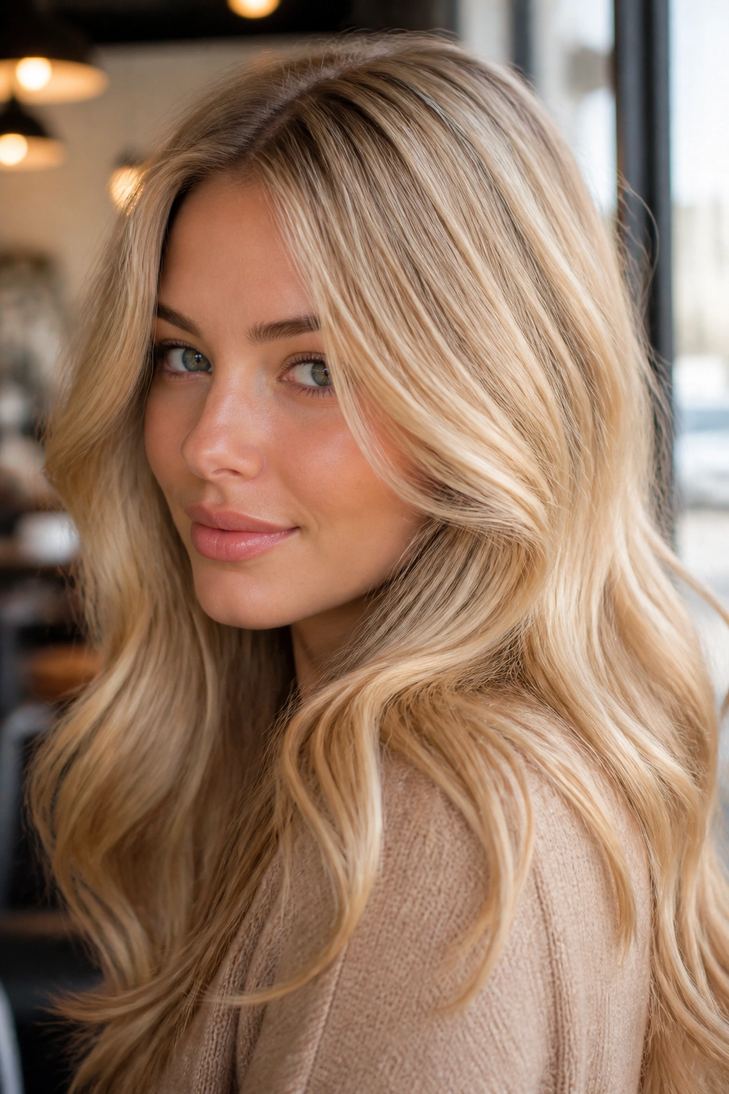 Close-up of a person with champagne blonde hair and a soft glow under natural light.