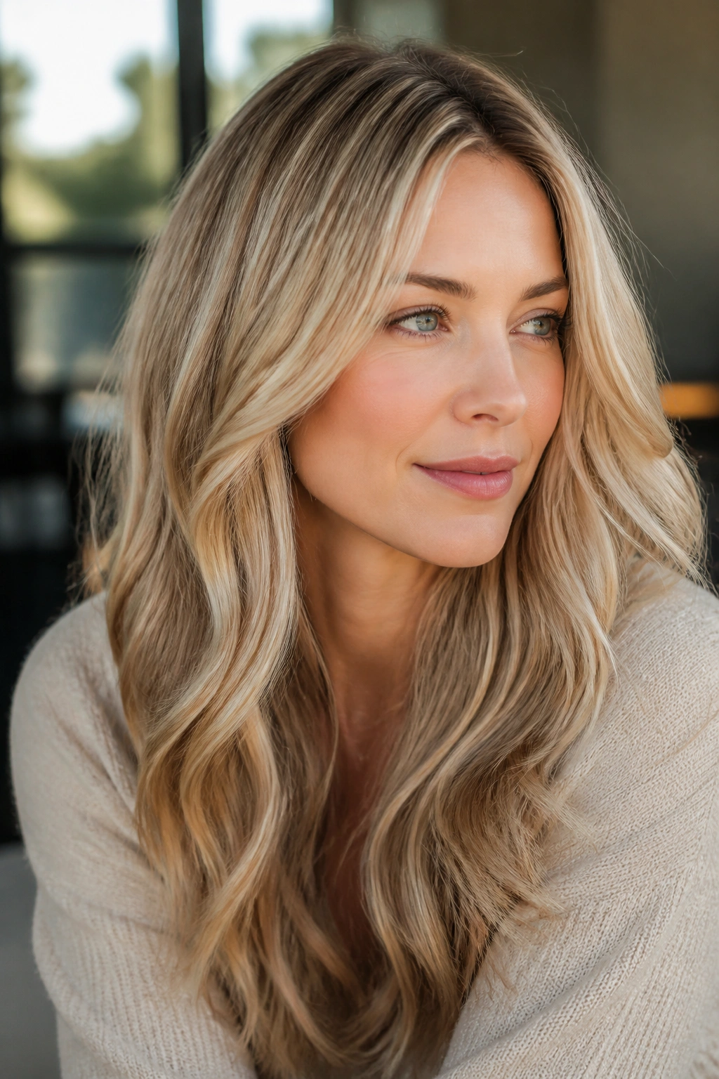 Close-up portrait of a real person with champagne blonde hair in soft daylight