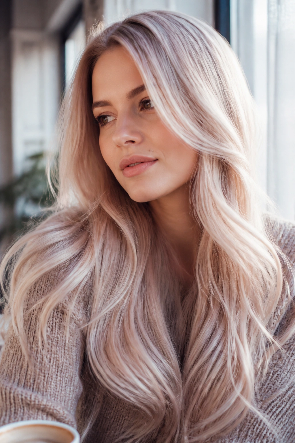 Close-up of a real woman with champagne blonde long hair in soft layers
