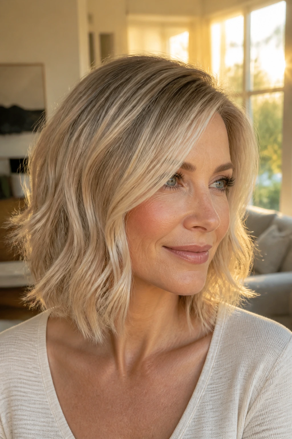 Close-up of champagne blonde hair catching warm highlights on a real person