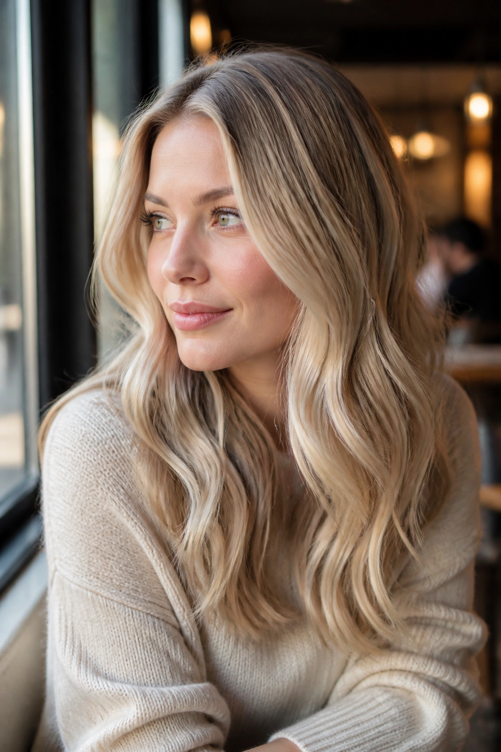 Close-up portrait of a real woman with champagne blonde hair by a cafe window