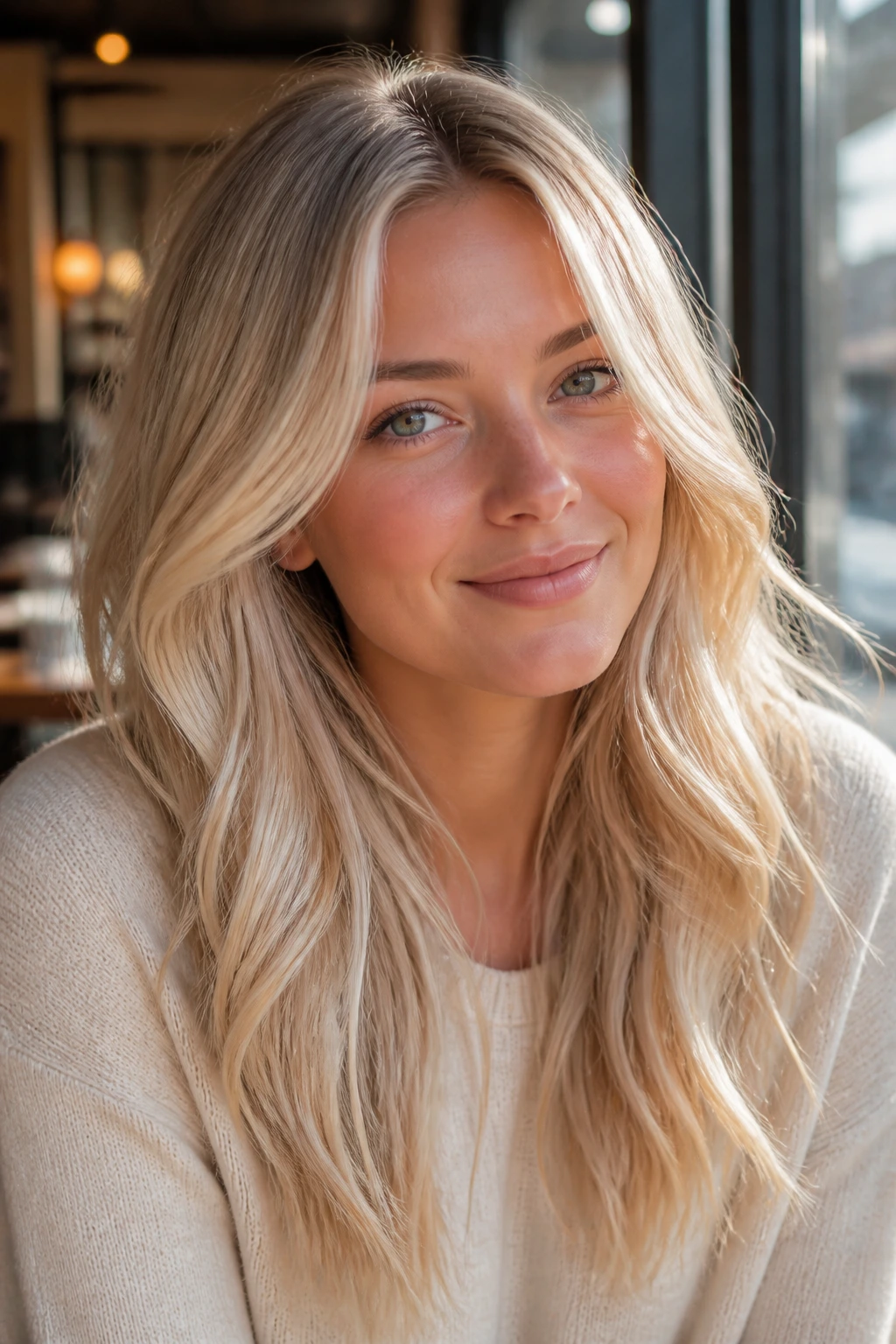 Close-up portrait of a real person with champagne blonde hair in a warm cafe setting