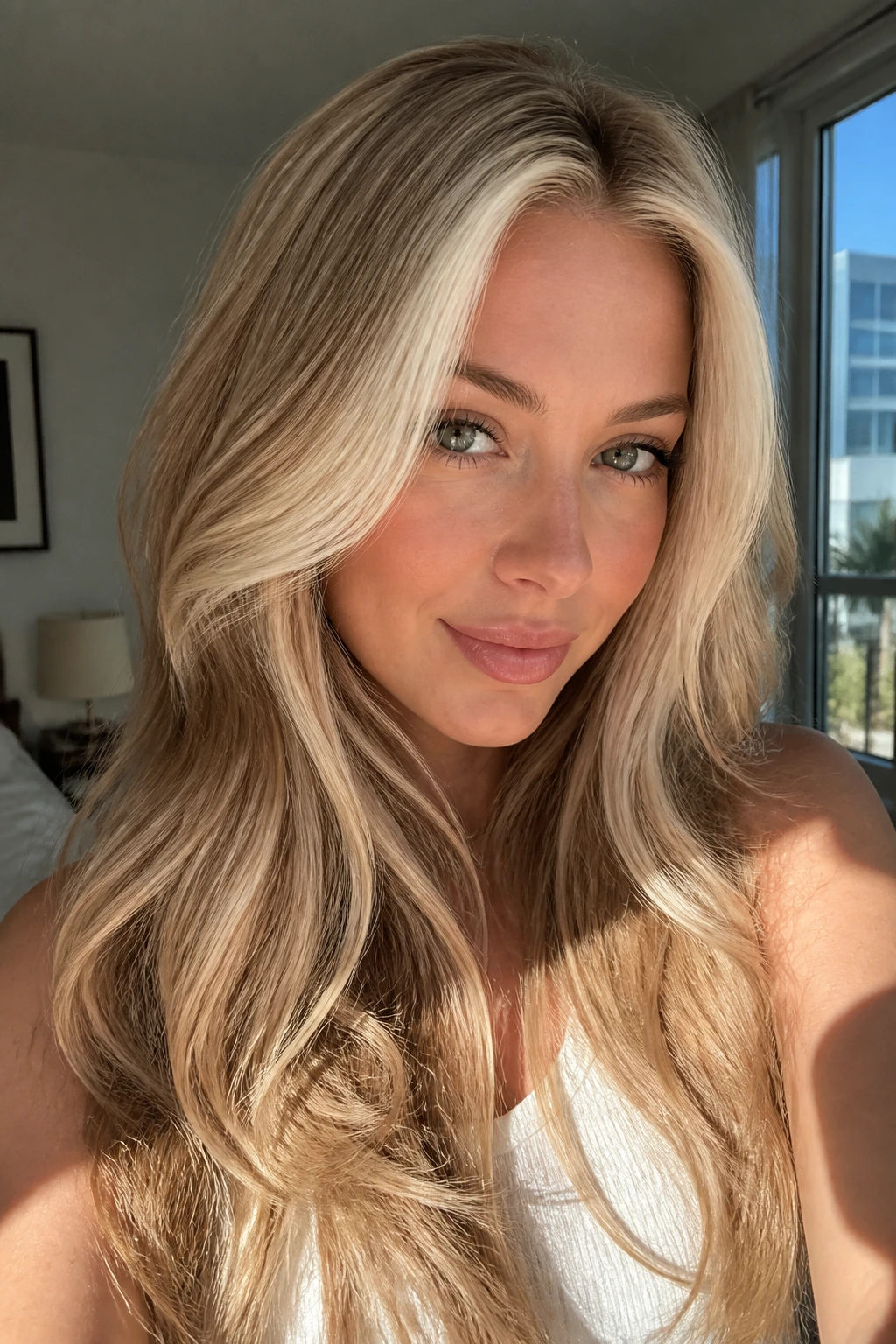 Close-up portrait of a real woman with champagne blonde hair and money piece framing the face