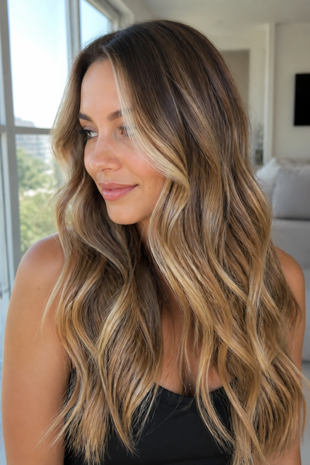Close-up of a real woman with champagne ribbons woven through long wavy hair in a sunlit room.