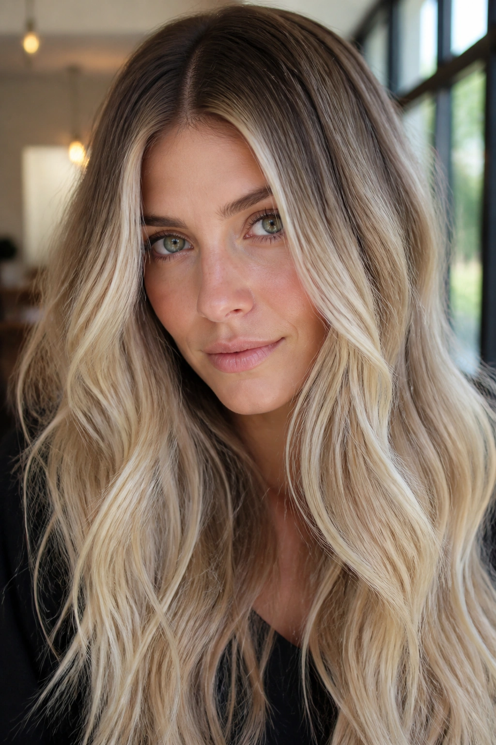 Close-up of real woman with champagne blonde and root melt on long hair
