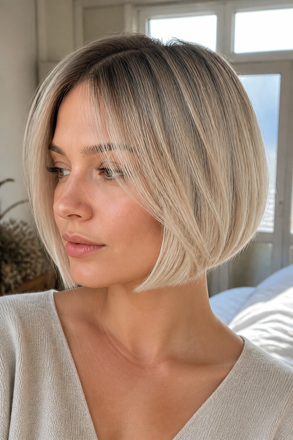 Close-up portrait of a real woman with a rooted champagne blonde bob