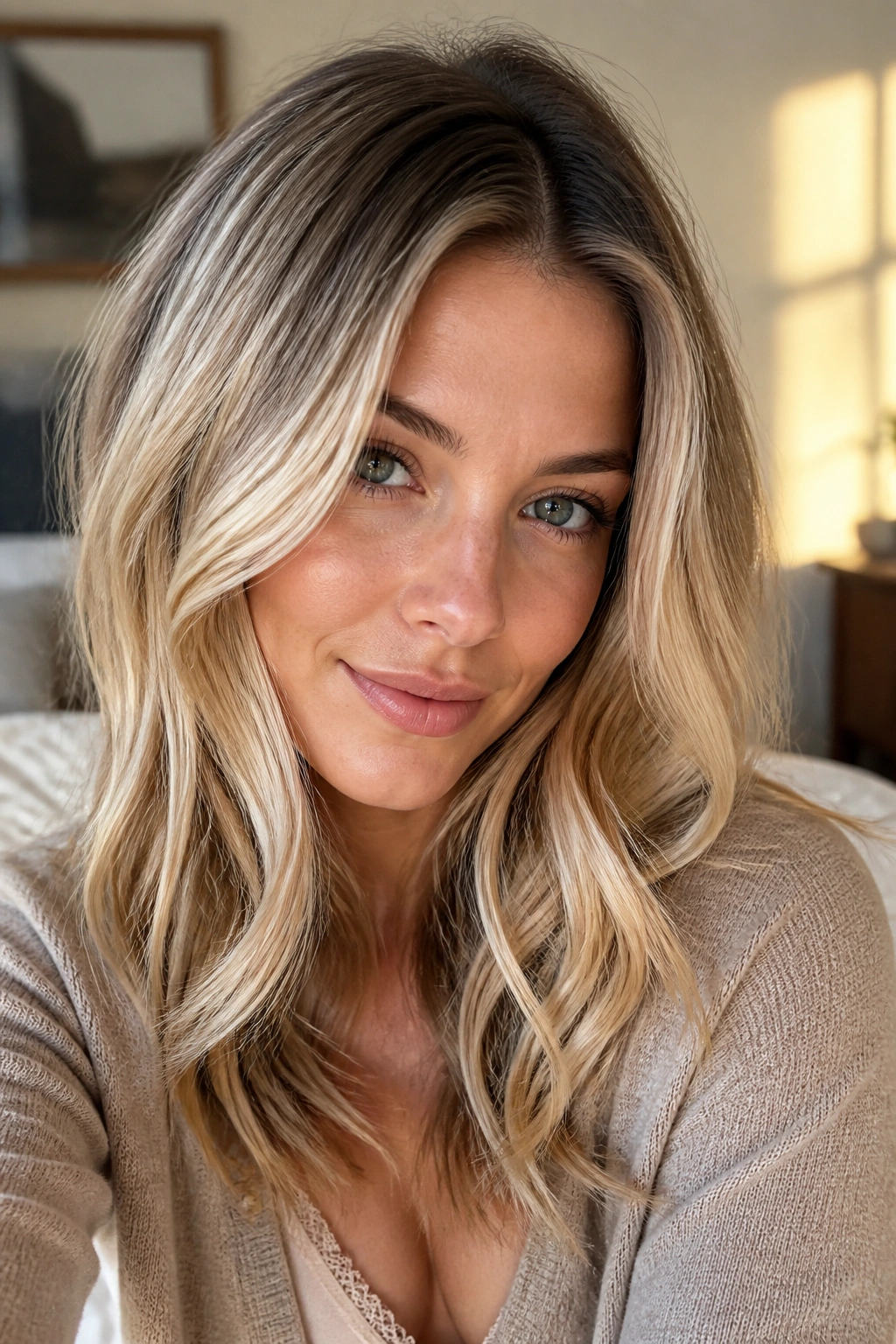 Close-up portrait of a real woman with champagne blonde hair and soft shadow roots.