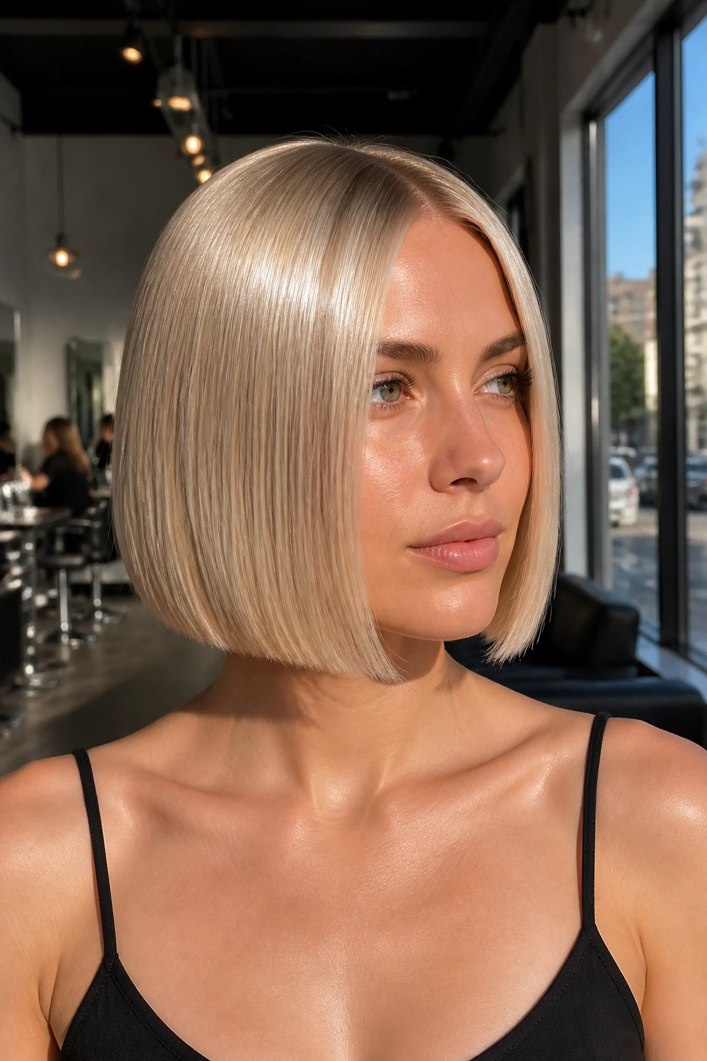 Real woman with sleek champagne blonde bob and glossy finish
