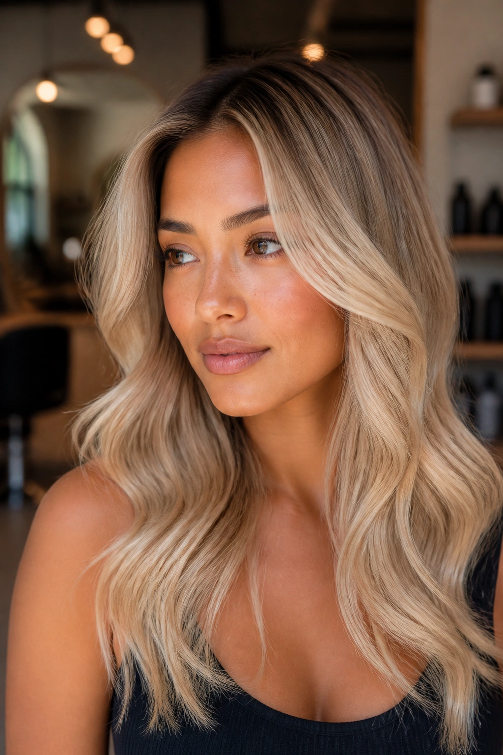 Close-up portrait of a real woman with champagne blonde hair on tan skin