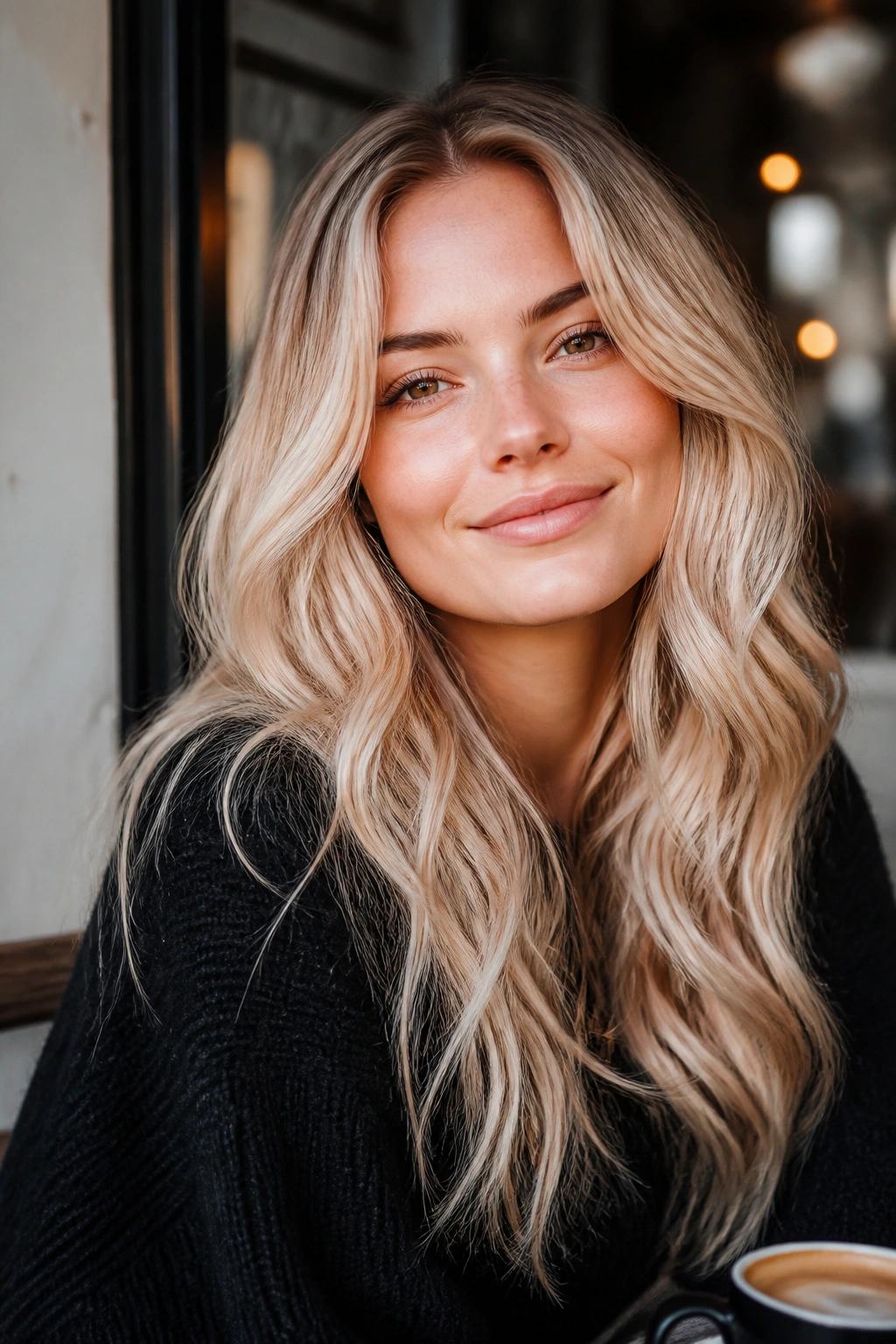 Close-up of a real person with champagne blonde waves.