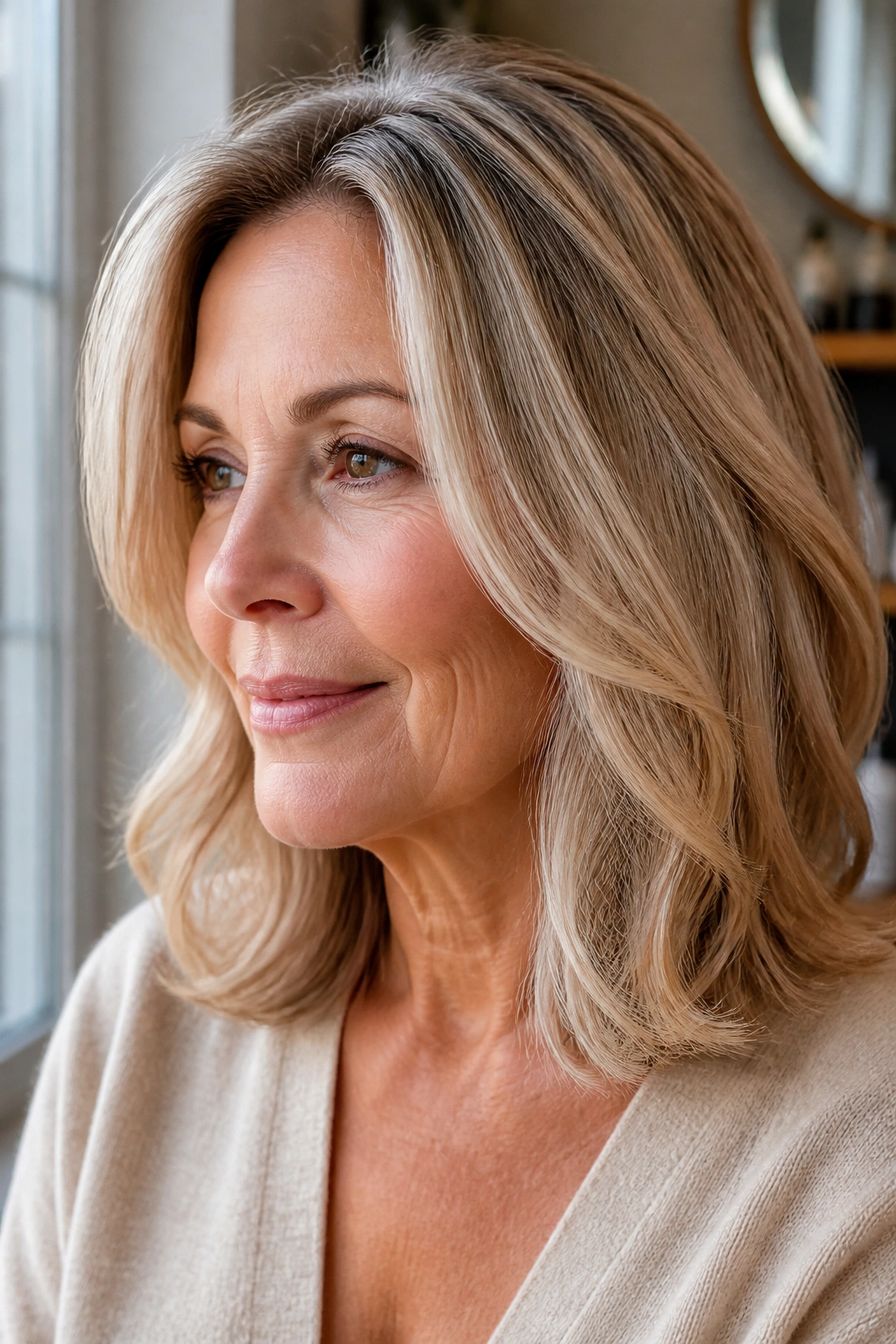 Close-up portrait of a real woman with soft champagne blonde weave