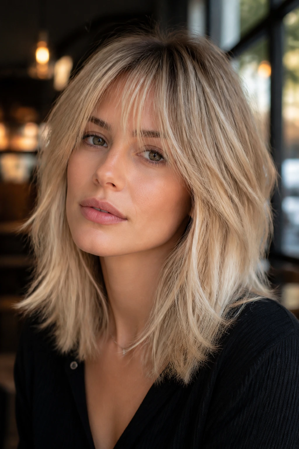 Close-up of a real woman with champagne blonde wolf cut and airy fringe in warm light