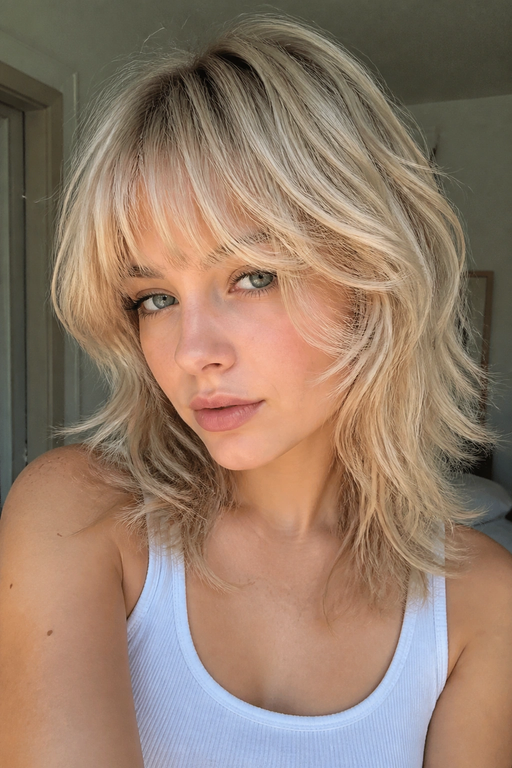 Close-up portrait of a real person with champagne blonde wolf cut and cheekbone bangs in a sunlit space.