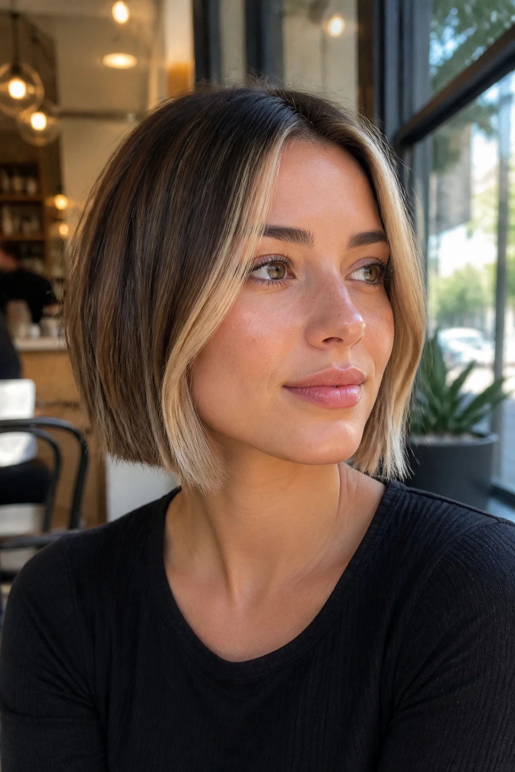 Close-up of blunt French bob with champagne money piece front highlight.