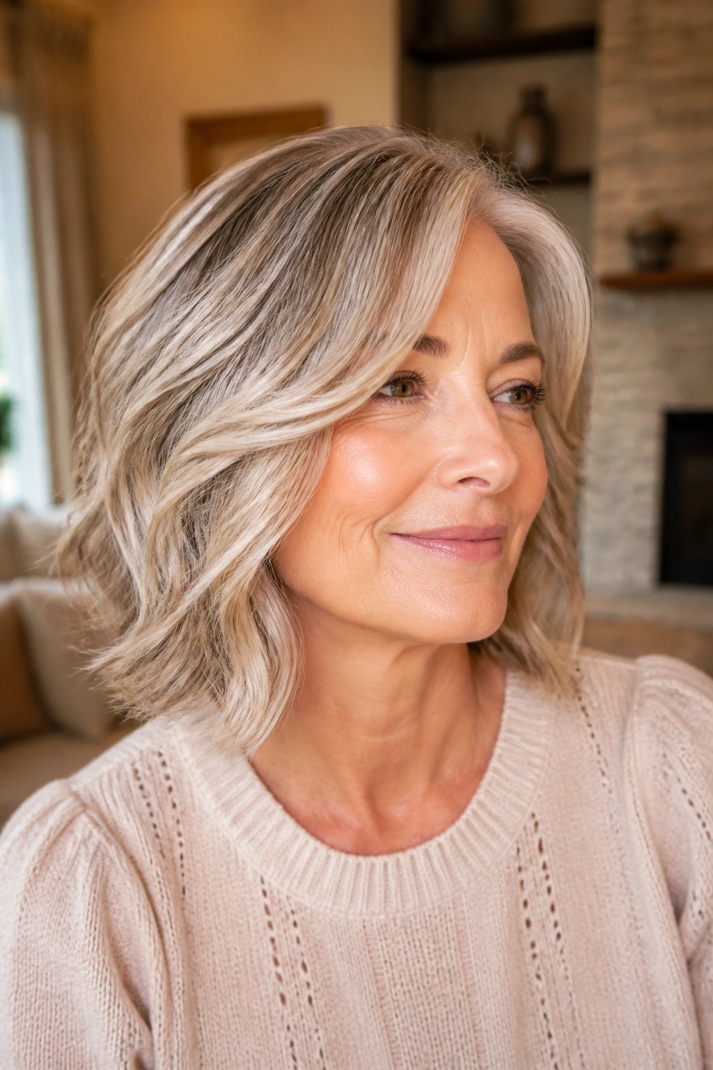 Close-up of a real woman with gray hair enhanced by champagne gloss