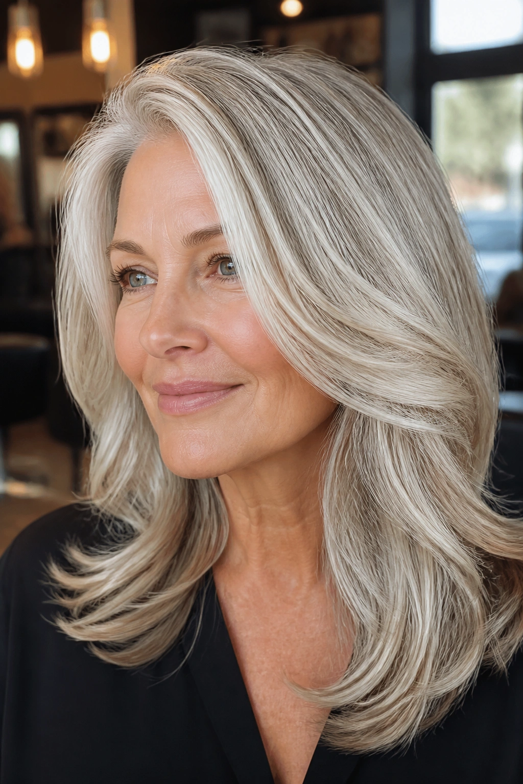 Close-up of grey hair with champagne-white gloss and warm beige tones.