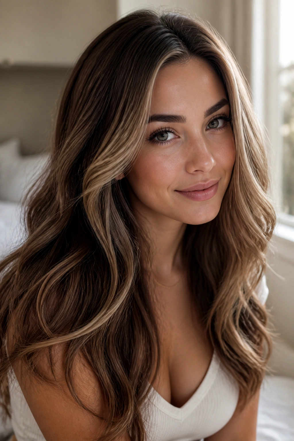 Close-up brunette portrait with champagne halo highlights around crown and face frame under natural window light