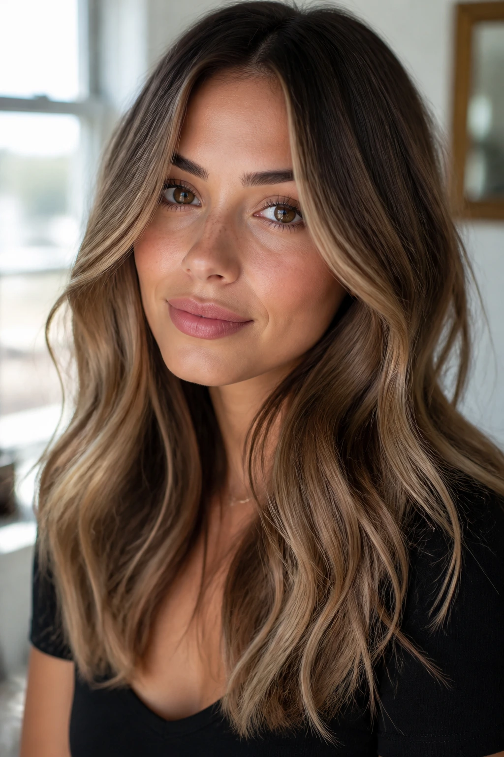 Close-up portrait of a real woman with champagne highlights on brunette hair, soft light