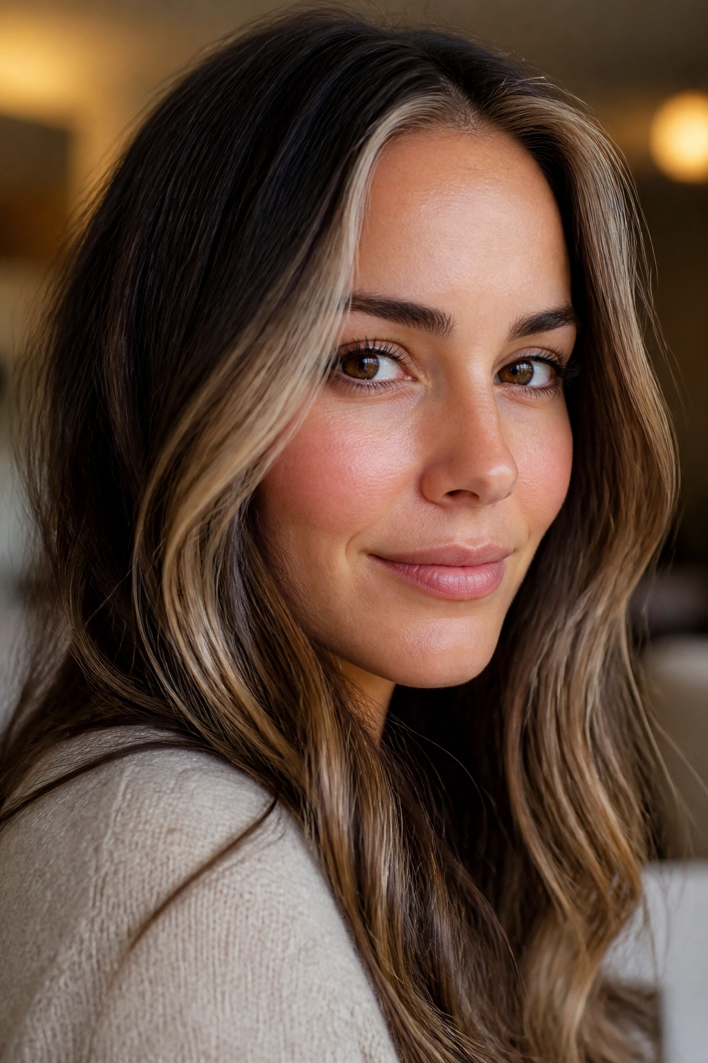 Close-up of brunette with soft champagne pieces near the hairline
