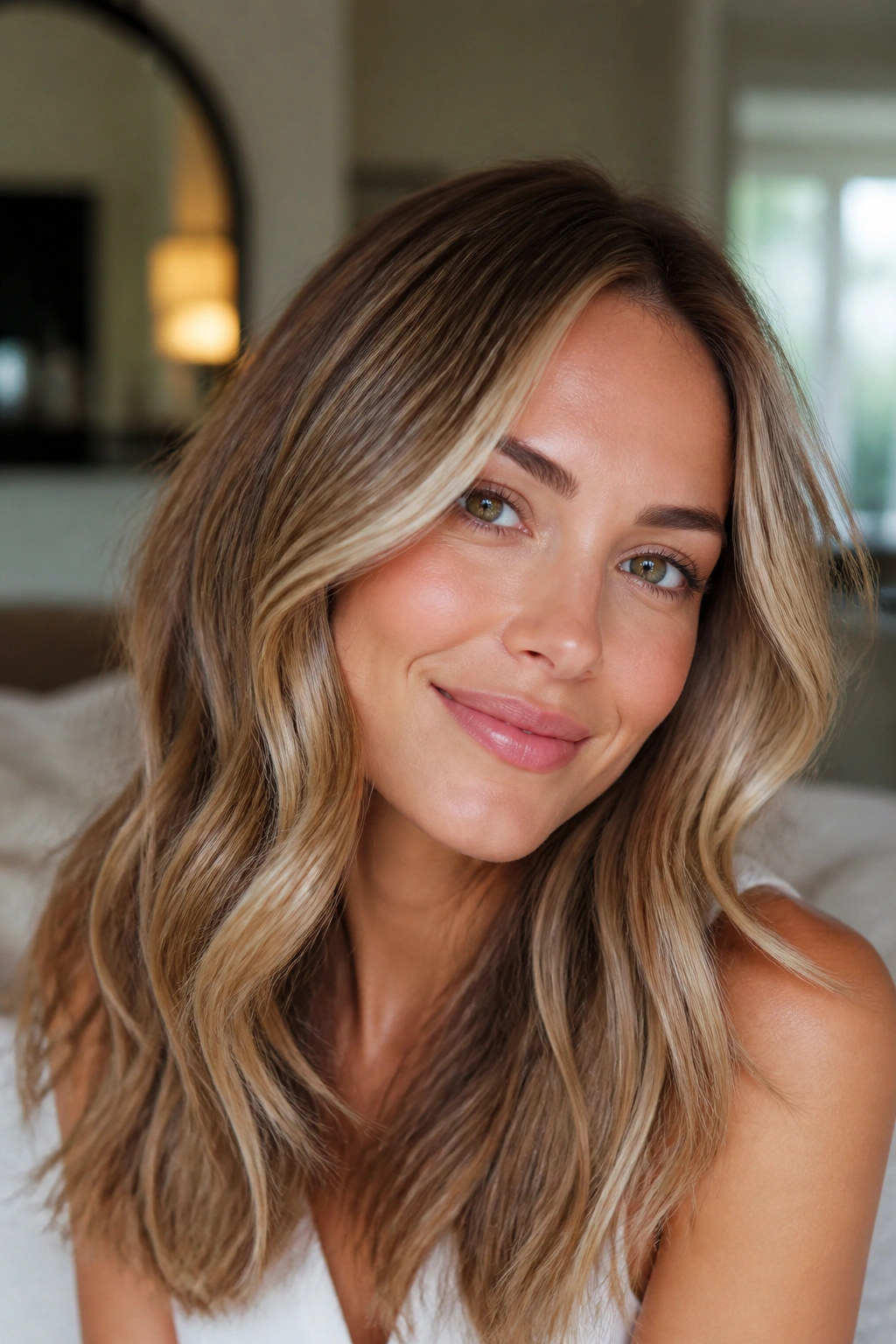 Close-up portrait of a real person with light brown hair and champagne highlights in warm window light.
