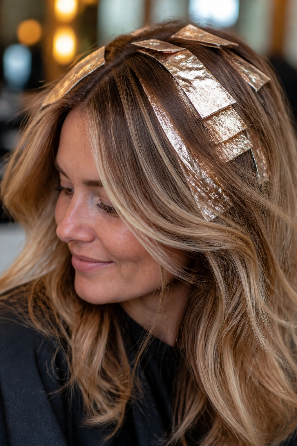 Close-up of a real woman with champagne foil highlights around the crown in a warm salon