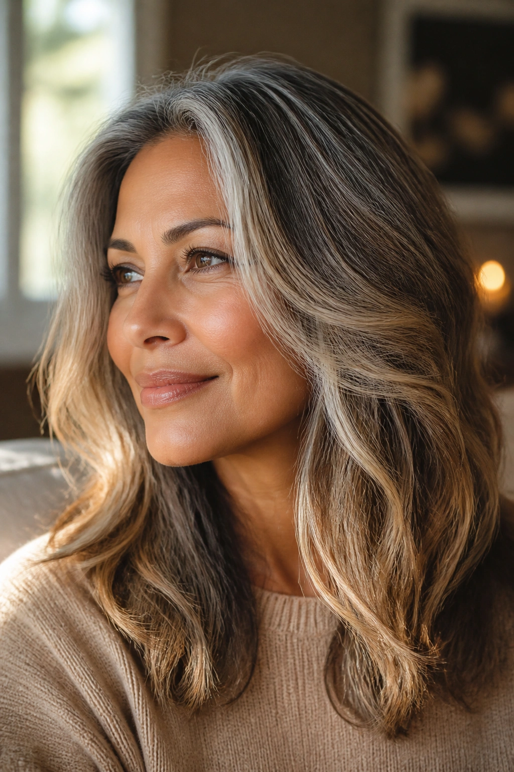 Close-up portrait of a real person with champagne highlights in salt-and-pepper hair.