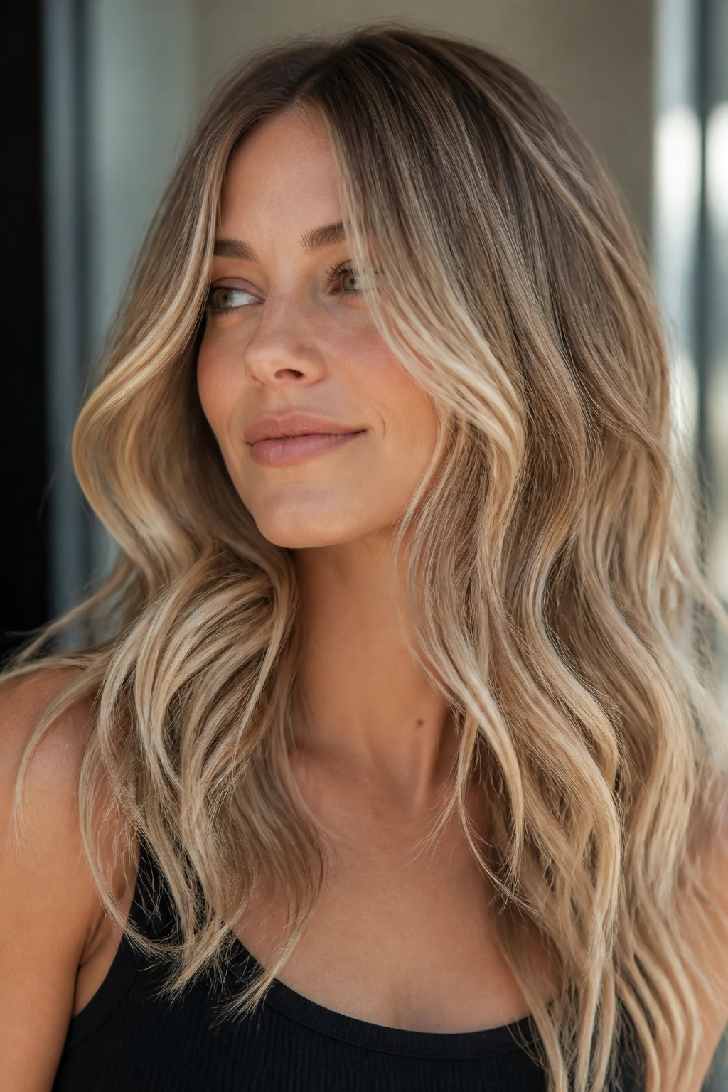 Close-up of dark blonde hair with champagne mist balayage on a real person.