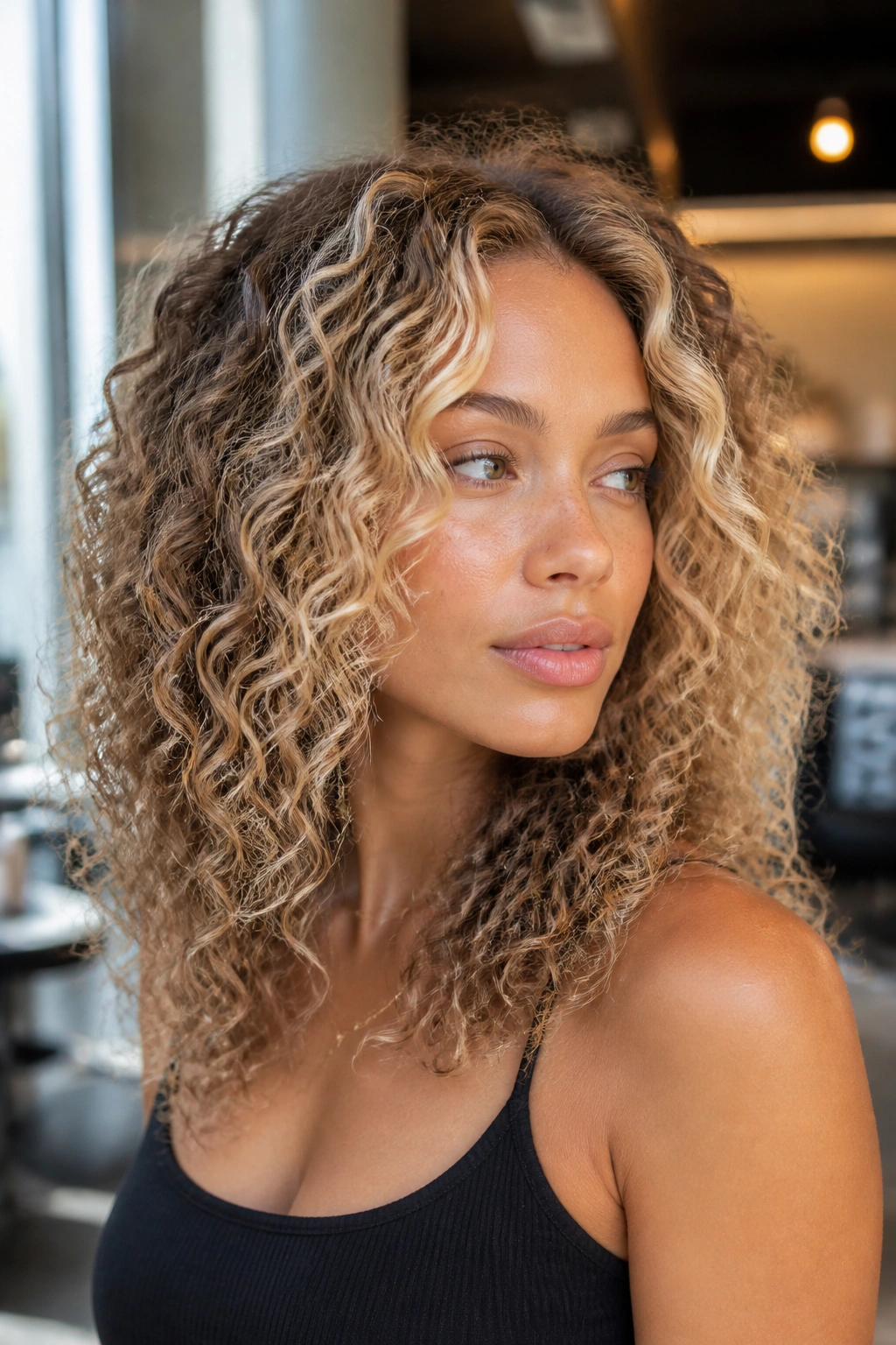Close-up of a woman with champagne money piece on curly bob in natural light