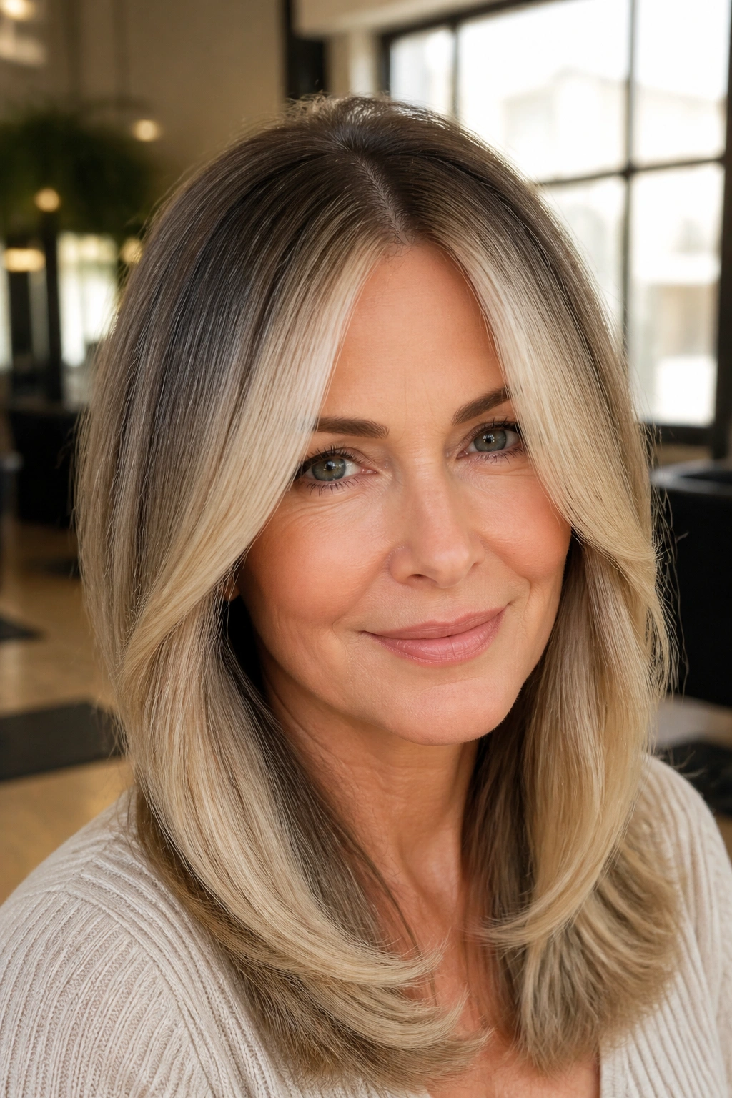Close-up portrait of a real woman with champagne money piece highlights and a shadow root framing the face