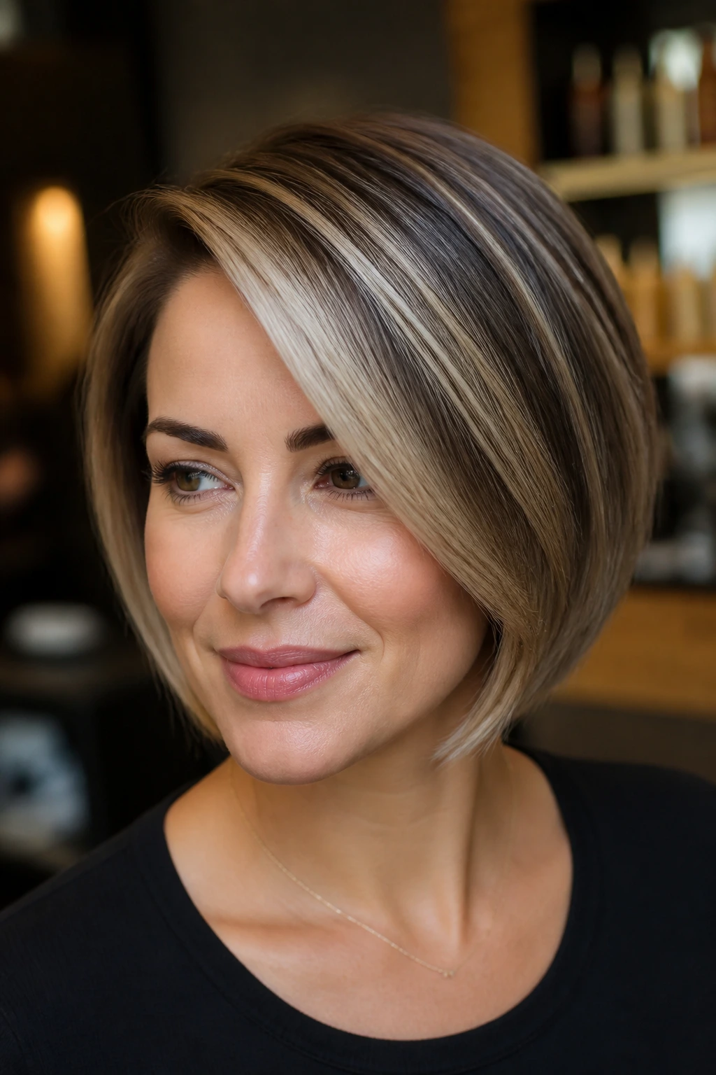 Close-up of champagne-colored ribbons on a side-part bob