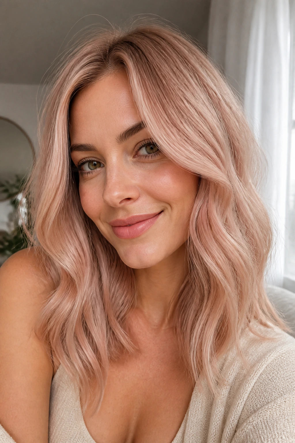 Close-up portrait of a real person with champagne rose blonde hair in soft waves