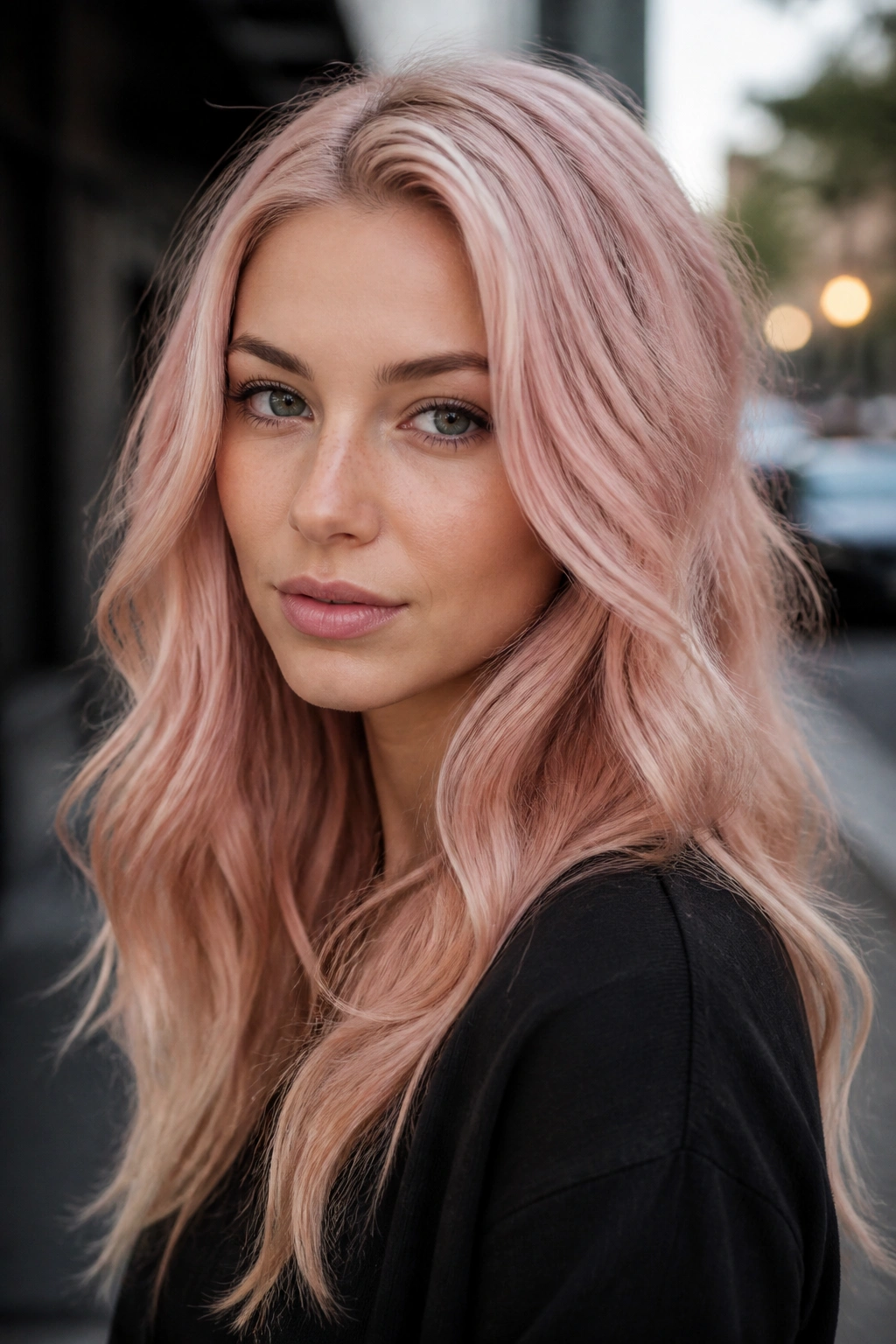 Close-up portrait of a woman with champagne rose blonde in loose waves under daylight