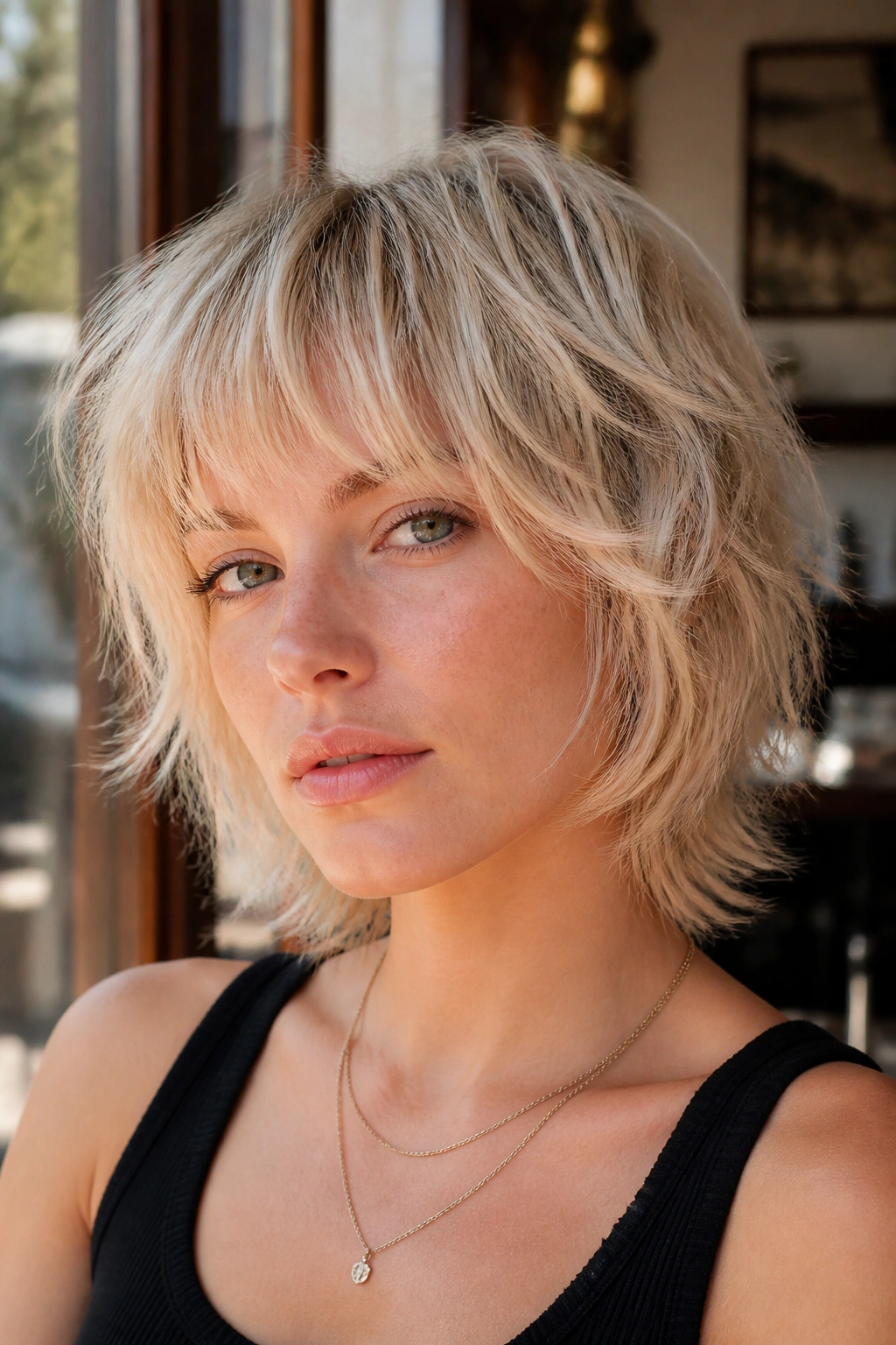 Close-up of a person with champagne blonde shag in a sunlit café window setting.