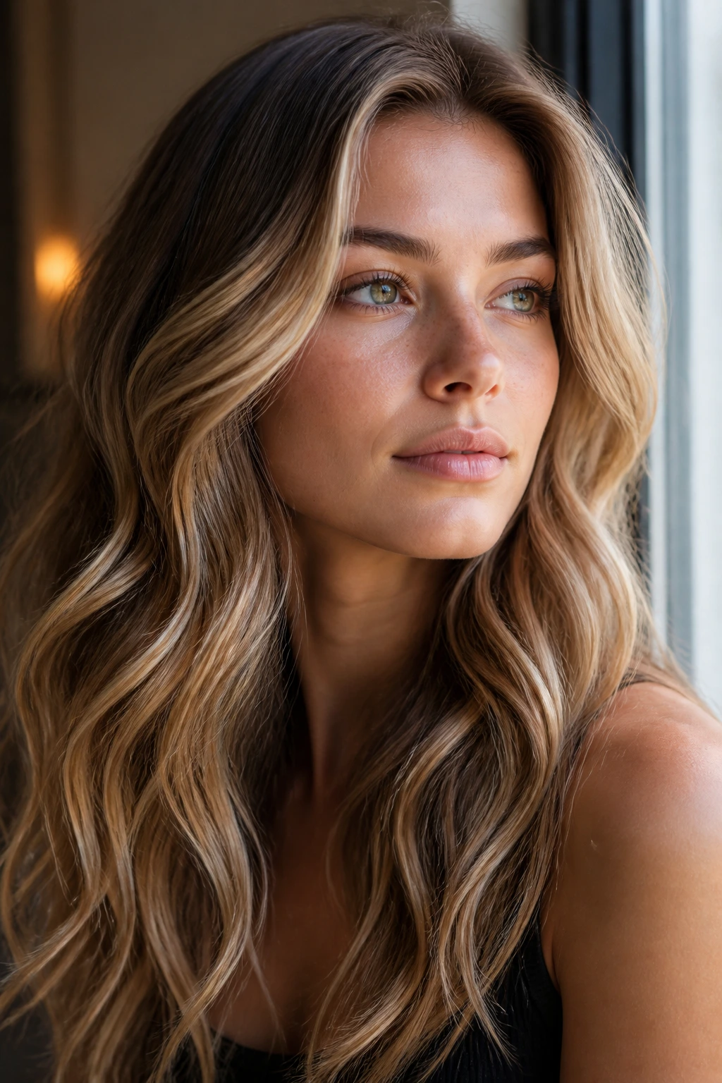 Close-up of a real woman with dark blonde hair featuring champagne-toned ribbons and soft waves.