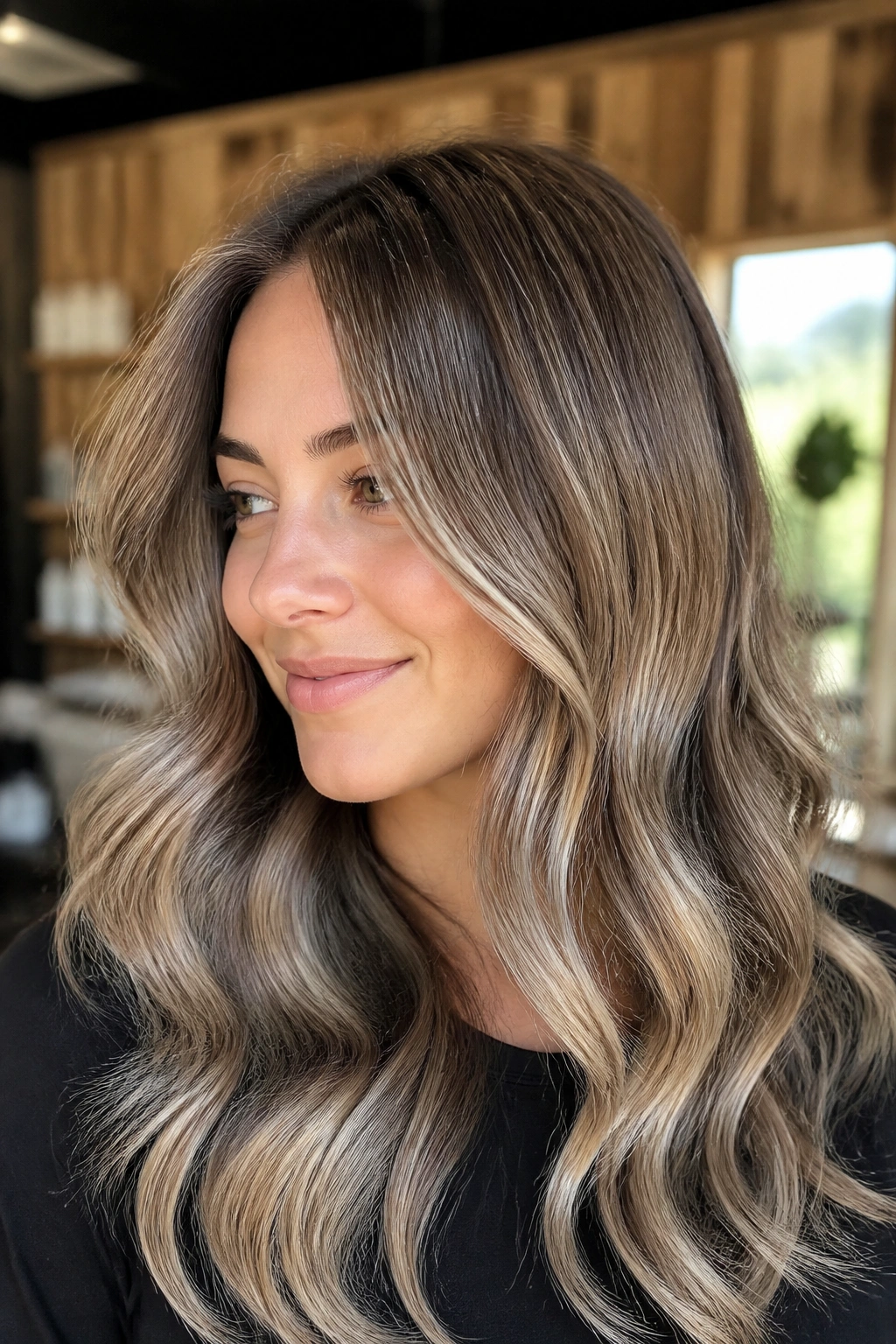 Close-up of a real woman with champagne silver balayage on medium brown hair in warm salon light
