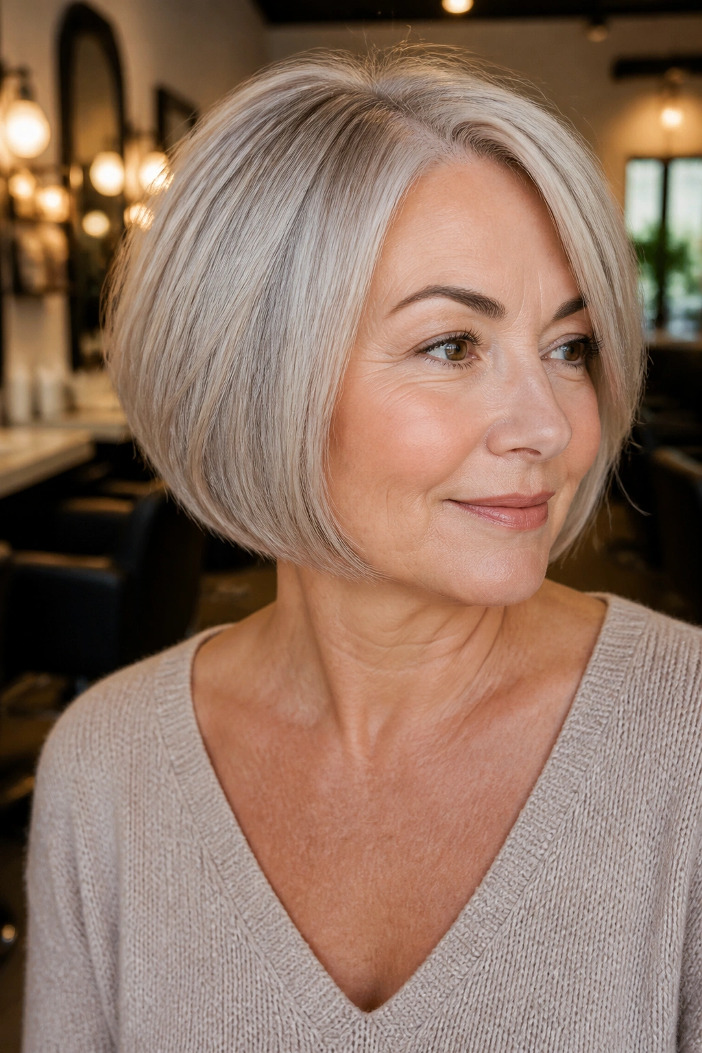 Close-up of a real woman with champagne silver bob and warm beige undertones