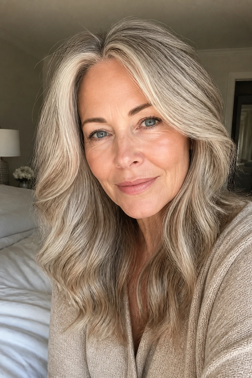 Close-up of a woman with champagne-silver hair and warm undertones