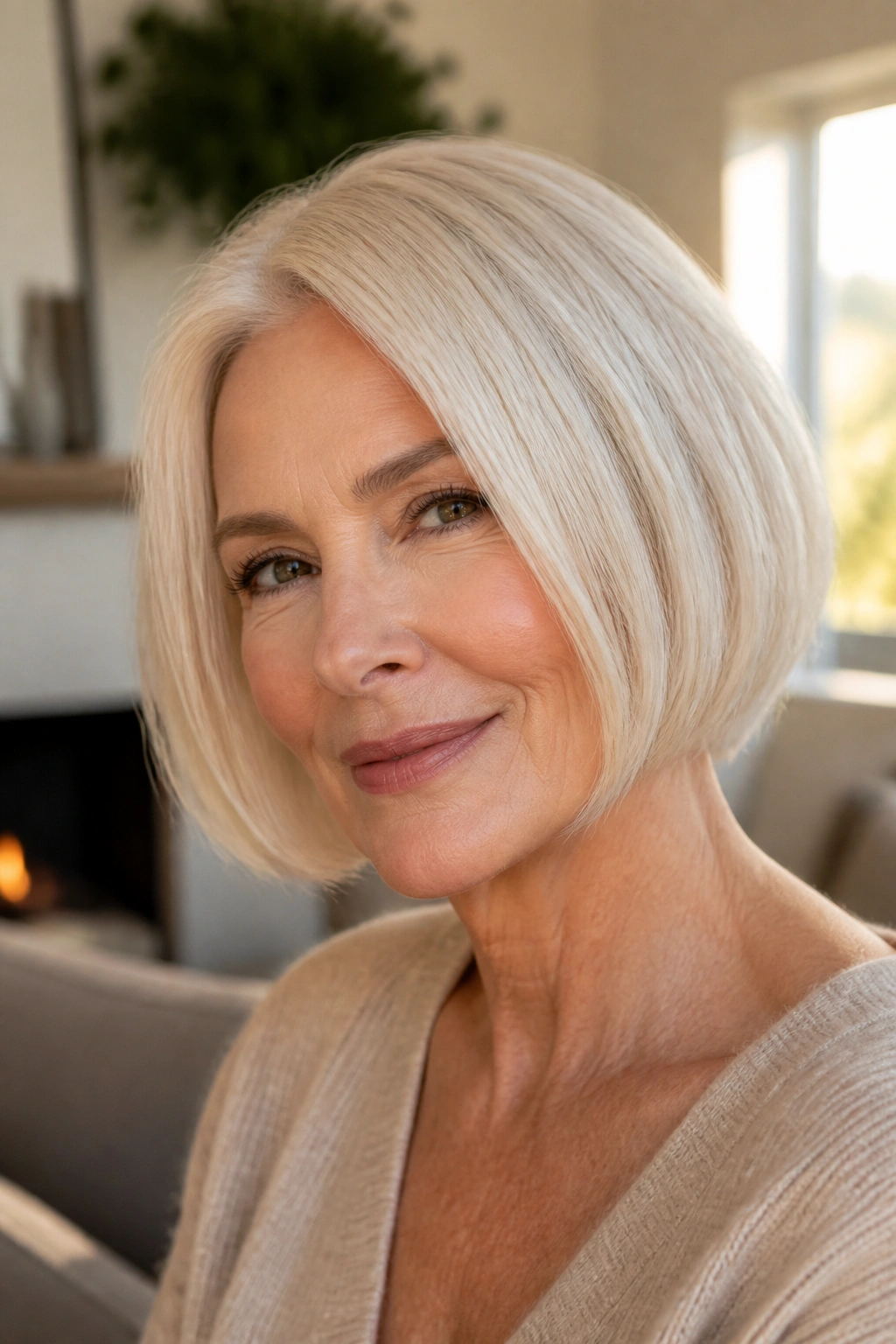 Close-up portrait of a real woman with champagne white bob and warm gloss