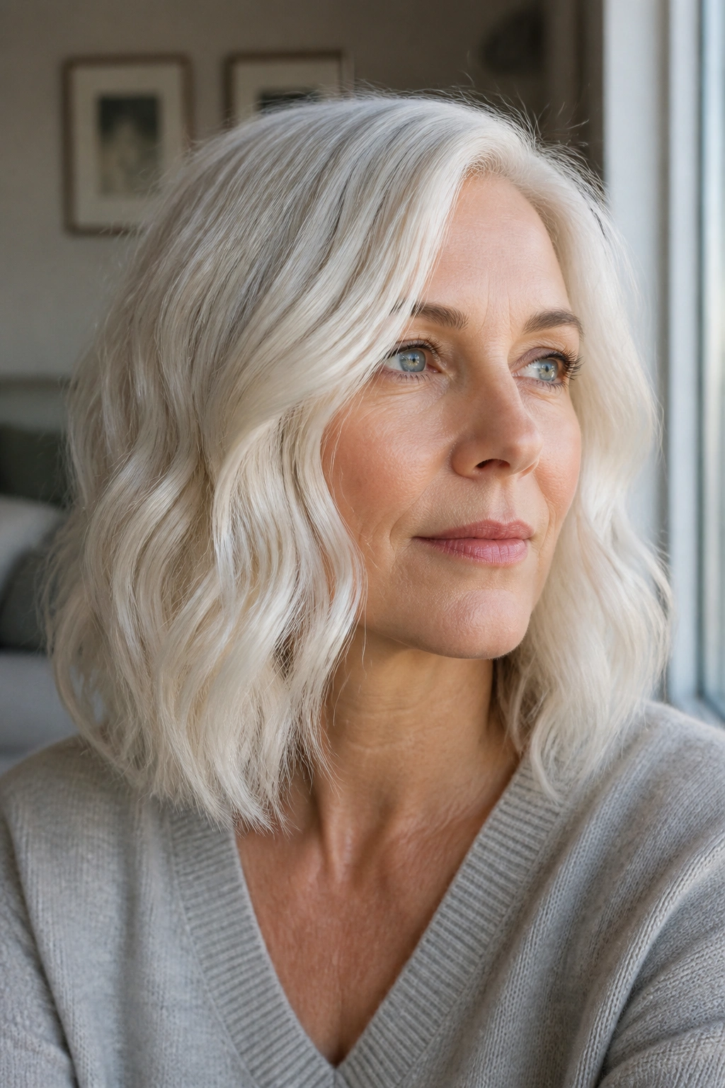 Close-up of a real woman with champagne white hair and cool undertones in soft waves.